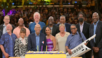 Apr 8, 2022; Los Angeles, California, USA; Former players Norm Nixon, Kurt Rambis, athletic trainer Gary Vitti, Byron Scott, Bill Walton, Michael Cooper, Jamal Wilkes, AC Green, and James Worthy along with siinger Paula Abdul, Laker girl Aurora Elaine and Herbie Hancock were on hand to celebrate Los Angeles Lakers Hall of Famers Kareem Abdul-Jabbar 75th birthday during halftime during the game between the Los Angeles Lakers and the Oklahoma City Thunder at Crypto.com Arena.