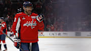 Feb 23, 2025; Washington, District of Columbia, USA; Washington Capitals left wing Alex Ovechkin (8) celebrates with his son Sergei (not pictured) after the Capitals game against the Edmonton Oilers at Capital One Arena. Mandatory Credit: Geoff Burke-Imagn Images
