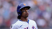 Aug 6, 2025; New York City, New York, USA; New York Mets shortstop Francisco Lindor (12) reacts after grounding out during the sixth inning against the Cleveland Guardians at Citi Field. Mandatory Credit: Brad Penner-Imagn Images