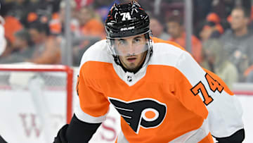 Sep 17, 2018; Philadelphia, PA, USA; Philadelphia Flyers center Mike Vecchione (74) during the first period against the New York Islanders at Wells Fargo Center.