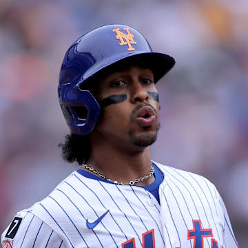 Aug 6, 2025; New York City, New York, USA; New York Mets shortstop Francisco Lindor (12) reacts after grounding out during the sixth inning against the Cleveland Guardians at Citi Field. Mandatory Credit: Brad Penner-Imagn Images