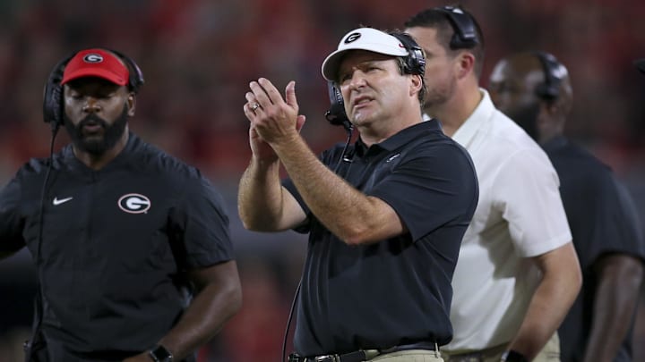 Sep 21, 2019; Athens, GA, USA; Georgia Bulldogs head coach Kirby Smart reacts on the sideline during the second quarter against the Notre Dame Fighting Irish at Sanford Stadium. Mandatory Credit: Brett Davis-Imagn Images