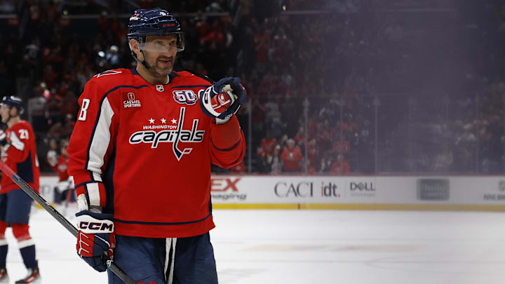 Feb 23, 2025; Washington, District of Columbia, USA; Washington Capitals left wing Alex Ovechkin (8) celebrates with his son Sergei (not pictured) after the Capitals game against the Edmonton Oilers at Capital One Arena. Mandatory Credit: Geoff Burke-Imagn Images Feb 23, 2025; Washington, District of Columbia, USA; Washington Capitals left wing Alex Ovechkin (8) celebrates with his son Sergei (not pictured) after the Capitals game against the Edmonton Oilers at Capital One Arena. Mandatory Credit: Geoff Burke-Imagn Images