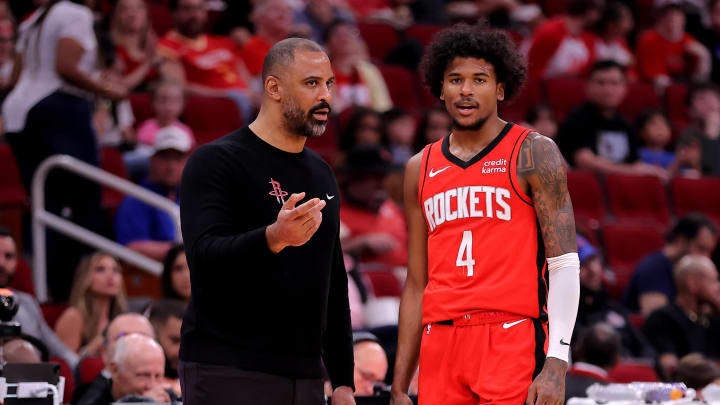 Mar 25, 2024; Houston, Texas, USA; Houston Rockets head coach Ime Udoka talks with guard Jalen Green (4) during the first quarter against the Portland Trail Blazers at Toyota Center. Mandatory Credit: Erik Williams-USA TODAY Sports