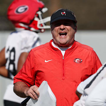Georgia coach Kirby Smart yells during spring practice in Athens, Ga., on Thursday, March 14, 2024.