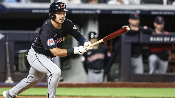 Aug 21, 2024; Bronx, New York, USA;  Cleveland Guardians left fielder Steven Kwan (38) at Yankee Stadium. Mandatory Credit: Wendell Cruz-USA TODAY Sports