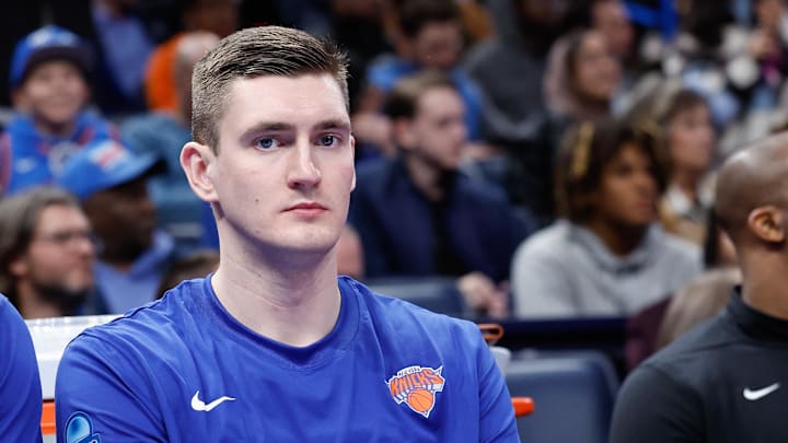 Dec 27, 2023; Oklahoma City, Oklahoma, USA; New York Knicks Dmytro Skapintsev sits on the bench during the second half against the Oklahoma City Thunder at Paycom Center. Mandatory Credit: Alonzo Adams-Imagn Images