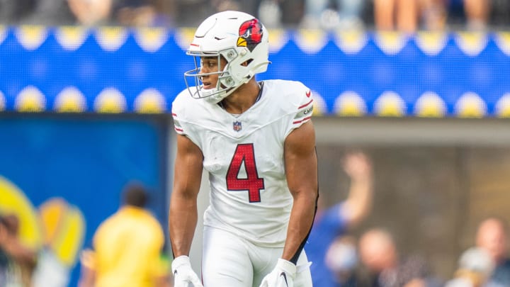 October 15, 2023; Inglewood, California, USA; Arizona Cardinals wide receiver Rondale Moore (4) during the first quarter against the Los Angeles Rams at SoFi Stadium. Mandatory Credit: Kyle Terada-USA TODAY Sports