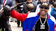 Apr 12, 2024; Camden, NJ, USA; Philadelphia 76ers great Allen Iverson during the unveiling of the statue honoring him in a ceremony at the Philadelphia 76ers Training Complex. Mandatory Credit: Bill Streicher-Imagn Images