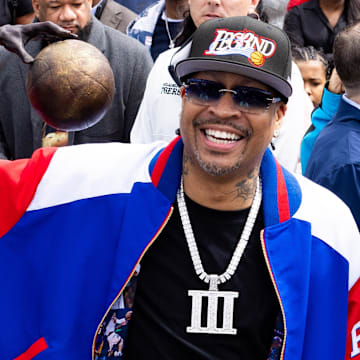 Apr 12, 2024; Camden, NJ, USA; Philadelphia 76ers great Allen Iverson during the unveiling of the statue honoring him in a ceremony at the Philadelphia 76ers Training Complex. Mandatory Credit: Bill Streicher-Imagn Images
