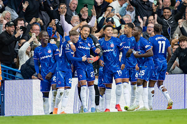 Chelsea celebrate Cole Palmer goal against Liverpool in the Premier League