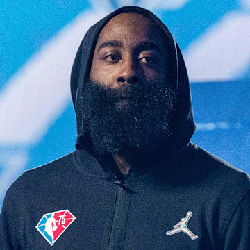February 20, 2022; Cleveland, Ohio, USA; Team LeBron guard James Harden of the Philadelphia 76ers (13) before the 2022 NBA All-Star Game at Rocket Mortgage FieldHouse. Mandatory Credit: Kyle Terada-Imagn Images