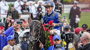 Jockey Junior Alvarado with Sovereignty head to the Winner's Circle after the pair won the 2025 Kentucky Derby Saturday, May 3 at Churchill Downs in Louisville, Kentucky.