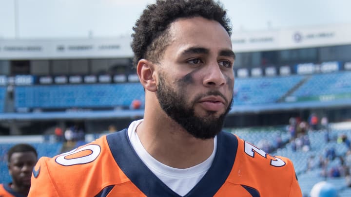 Aug 20, 2022; Orchard Park, New York, USA; Denver Broncos safety Caden Sterns (30) leaves the field after a pre-season game against the Buffalo Bills t Highmark Stadium. Mandatory Credit: Mark Konezny-USA TODAY Sports