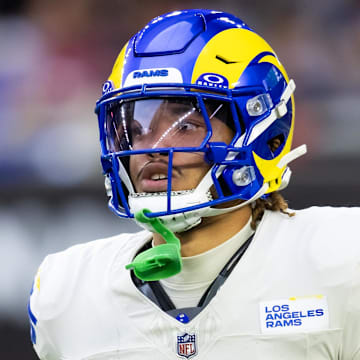 Nov 26, 2023; Glendale, Arizona, USA; Los Angeles Rams safety Jason Taylor II (25) against the Arizona Cardinals at State Farm Stadium. Mandatory Credit: Mark J. Rebilas-Imagn Images