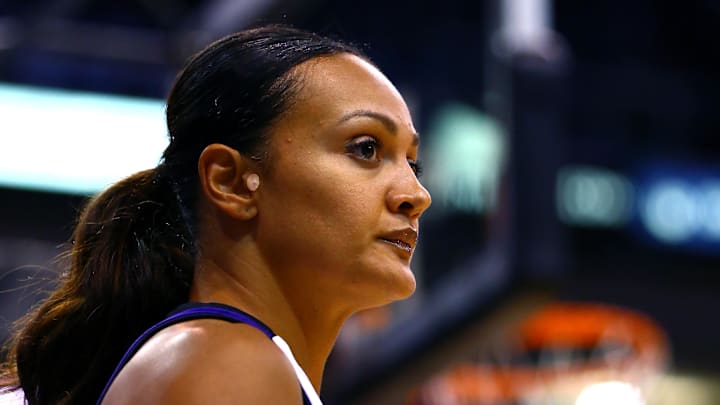 Sep 7, 2014; Phoenix, AZ, USA; Phoenix Mercury forward Mistie Bass (8) against the Chicago Sky during game one of the WNBA Finals at US Airways Center. The Mercury defeated the Sky 83-62. Mandatory Credit: Mark J. Rebilas-Imagn Images
