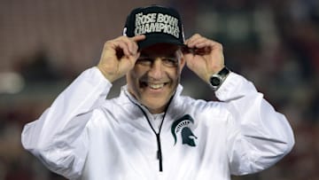 Jan 1, 2014; Pasadena, CA, USA; Michigan State Spartans coach Mark Dantonio poses after the 100th Rose Bowl against the Stanford Cardinal. Michigan State defeated Stanford 24-20. Mandatory Credit: Kirby Lee-Imagn Images