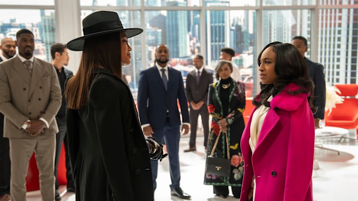 Beauty In Black. (L to R) George Middlebrook as Officer Trackson, Terrell Carter as Varney, Bryan Tanaka as Officer Alex, Crystle Stewart as Mallory, Charles Malik Whitfield as Jules, Debbi Morgan as Olivia, Taylor Polidore Williams as Kimmie in episode 207 of Beauty In Black. Cr. Quantrell Colbert/Netflix © 2025