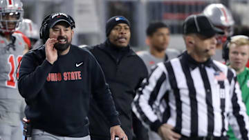 Nov 11, 2023; Columbus, Ohio, USA; Ohio State Buckeyes head coach Ryan Day calls the official during the second quarter against the Michigan State Spartans at Ohio Stadium. Mandatory Credit: Joseph Maiorana-Imagn Images