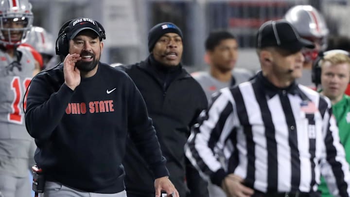 Nov 11, 2023; Columbus, Ohio, USA; Ohio State Buckeyes head coach Ryan Day calls the official during the second quarter against the Michigan State Spartans at Ohio Stadium. Mandatory Credit: Joseph Maiorana-Imagn Images