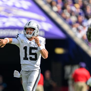 Sep 15, 2024; Baltimore, Maryland, USA; Las Vegas Raiders quarterback Gardner Minshew (15) throws a pass during the second half against the Baltimore Ravens at M&T Bank Stadium. Mandatory Credit: Reggie Hildred-Imagn Images