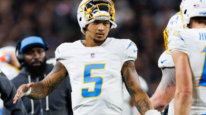Los Angeles Chargers quarterbacks Trey Lance (L) and Justin Herbert (R)