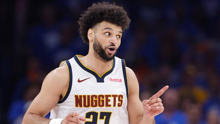 May 18, 2025; Oklahoma City, Oklahoma, USA; Denver Nuggets guard Jamal Murray (27) gestures to his team during a play against the Oklahoma City Thunder in the second half during game seven of the second round for the 2025 NBA Playoffs at Paycom Center. Mandatory Credit: Alonzo Adams-Imagn Images
