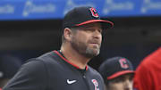 Sep 25, 2025; Cleveland, Ohio, USA; Cleveland Guardians manager Stephen Vogt (12) stands on the steps of the dugout in the first inning against the Detroit Tigers at Progressive Field. Mandatory Credit: David Richard-Imagn Images