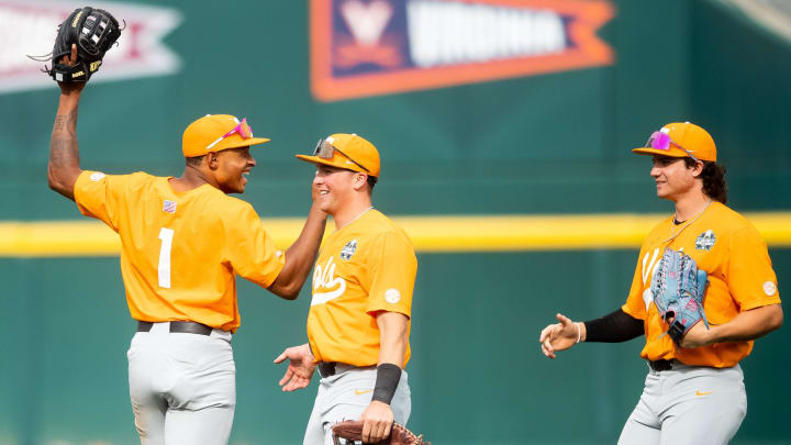 Tennessee celebrates their second NCAA College World Series win against Florida State at Charles Schwab Field in Omaha, Neb., on Wednesday, June 19, 2024.