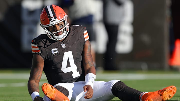 Browns quarterback Deshaun Watson reacts after failing to convert on a first-half third down against the Cowboys, Sunday, Sept. 8, 2024, in Cleveland.