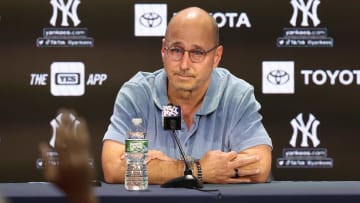 Aug 23, 2023; Bronx, New York, USA; New York Yankees general manager Brian Cashman talks with the media before the game between the Yankees and the Washington Nationals at Yankee Stadium. Mandatory Credit: Vincent Carchietta-USA TODAY Sports