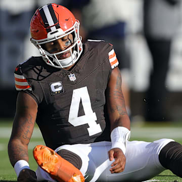 Cleveland Browns quarterback Deshaun Watson (4) reacts after failing to convert on third down during the first half of an NFL football game against the Dallas Cowboys at Huntington Bank Field, Sunday, Sept. 8, 2024, in Cleveland, Ohio.