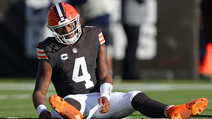 Cleveland Browns quarterback Deshaun Watson (4) reacts after failing to convert on third down during the first half of an NFL football game against the Dallas Cowboys at Huntington Bank Field, Sunday, Sept. 8, 2024, in Cleveland, Ohio.