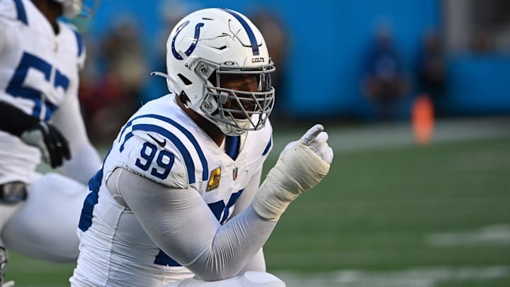 Nov 5, 2023; Charlotte, North Carolina, USA; Indianapolis Colts defensive tackle DeForest Buckner (99) reacts in the first quarter at Bank of America Stadium. 