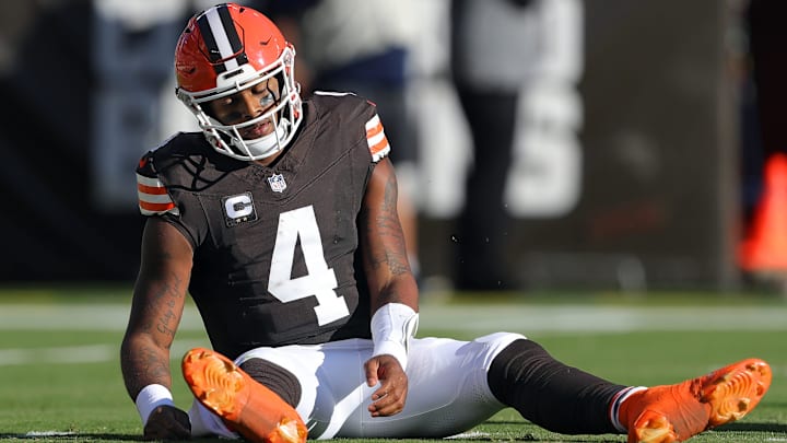 Browns quarterback Deshaun Watson reacts after failing to convert on a first-half third down against the Cowboys, Sunday, Sept. 8, 2024, in Cleveland.