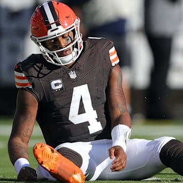 Cleveland Browns quarterback Deshaun Watson (4) reacts after failing to convert on third down during the first half of an NFL football game against the Dallas Cowboys at Huntington Bank Field, Sunday, Sept. 8, 2024, in Cleveland, Ohio.