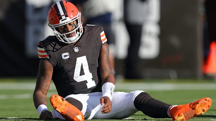 Cleveland Browns quarterback Deshaun Watson (4) reacts after failing to convert on third down during the first half of an NFL football game against the Dallas Cowboys at Huntington Bank Field, Sunday, Sept. 8, 2024, in Cleveland, Ohio.