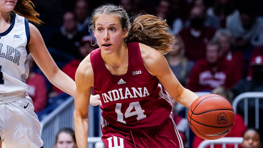 Indiana Hoosiers guard Ali Patberg (14) rushes up the court Wednesday, Nov. 10, 2021 at Hinkle Fieldhouse, in Indianapolis. Indiana Hoosiers defeated the Butler Bulldogs, 86-63.
