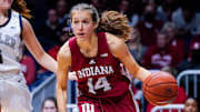 Indiana Hoosiers guard Ali Patberg (14) rushes up the court Wednesday, Nov. 10, 2021 at Hinkle Fieldhouse, in Indianapolis. Indiana Hoosiers defeated the Butler Bulldogs, 86-63.