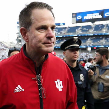 Indiana Hoosiers head coach Curt Cignetti walks off the field following his team's win over the Penn State Nittany Lions at Beaver Stadium. 