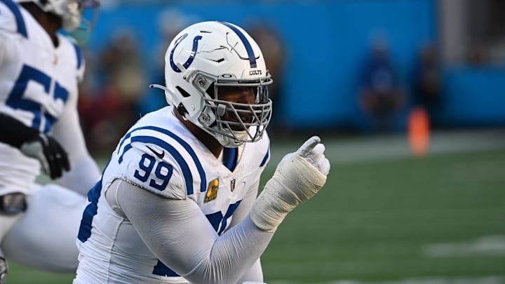 Nov 5, 2023; Charlotte, North Carolina, USA; Indianapolis Colts defensive tackle DeForest Buckner (99) reacts in the first quarter at Bank of America Stadium. Mandatory Credit: Bob Donnan-Imagn Images