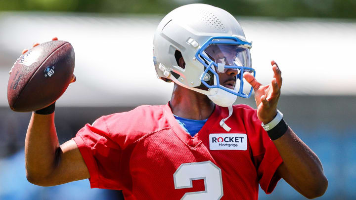 Detroit Lions quarterback Hendon Hooker (2) practices during OTAs at Detroit Lions headquarters and practice facility in Allen Park on Tuesday, June 11, 2024.