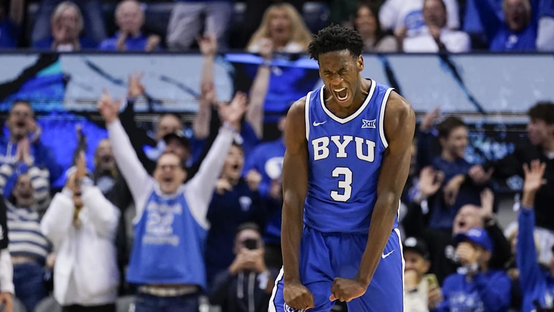 Jan 24, 2026; Provo, Utah, USA; BYU Cougars forward AJ Dybantsa (3) reacts during the second half against the Utah Utes at Marriott Center. Mandatory Credit: Aaron Baker-Imagn Images 