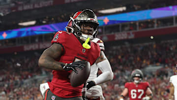 Tampa Bay Buccaneers running back Bucky Irving makes a touchdown catch against the Washington Commanders.