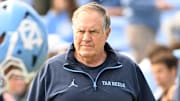 Oct 25, 2025; Chapel Hill, North Carolina, USA; North Carolina Tar Heels head coach Bill Belichick with the team before the game at Kenan Stadium. Mandatory Credit: Bob Donnan-Imagn Images