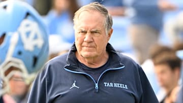 Oct 25, 2025; Chapel Hill, North Carolina, USA; North Carolina Tar Heels head coach Bill Belichick with the team before the game at Kenan Stadium. Mandatory Credit: Bob Donnan-Imagn Images