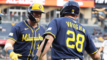 Sep 6, 2025; Pittsburgh, Pennsylvania, USA;  Milwaukee Brewers designated hitter Jake Bauers (9) celebrates his two run home run with catcher William Contreras (24) and first baseman Andrew Vaughn (28) against the Pittsburgh Pirates during the fourth inning at PNC Park. Mandatory Credit: Charles LeClaire-Imagn Images