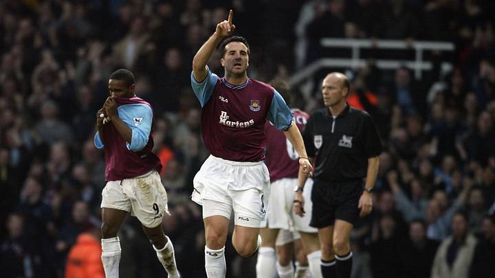 Ian Pearce of West Ham United celebrates scoring 