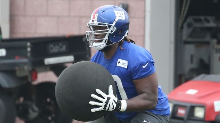 Offensive lineman Marcus McKethan during practice as part of the 2022 New York Giants Rookie Minicamp in East Rutherford, NJ on May 14, 2022.