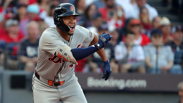 Detroit Tigers right fielder Wenceel Perez (46) celebrates as he runs to first on his RBI single during the seventh inning of Game 3 of the American League Wild Card Series at Progressive Field, Oct. 2, 2025, in Cleveland, Ohio.